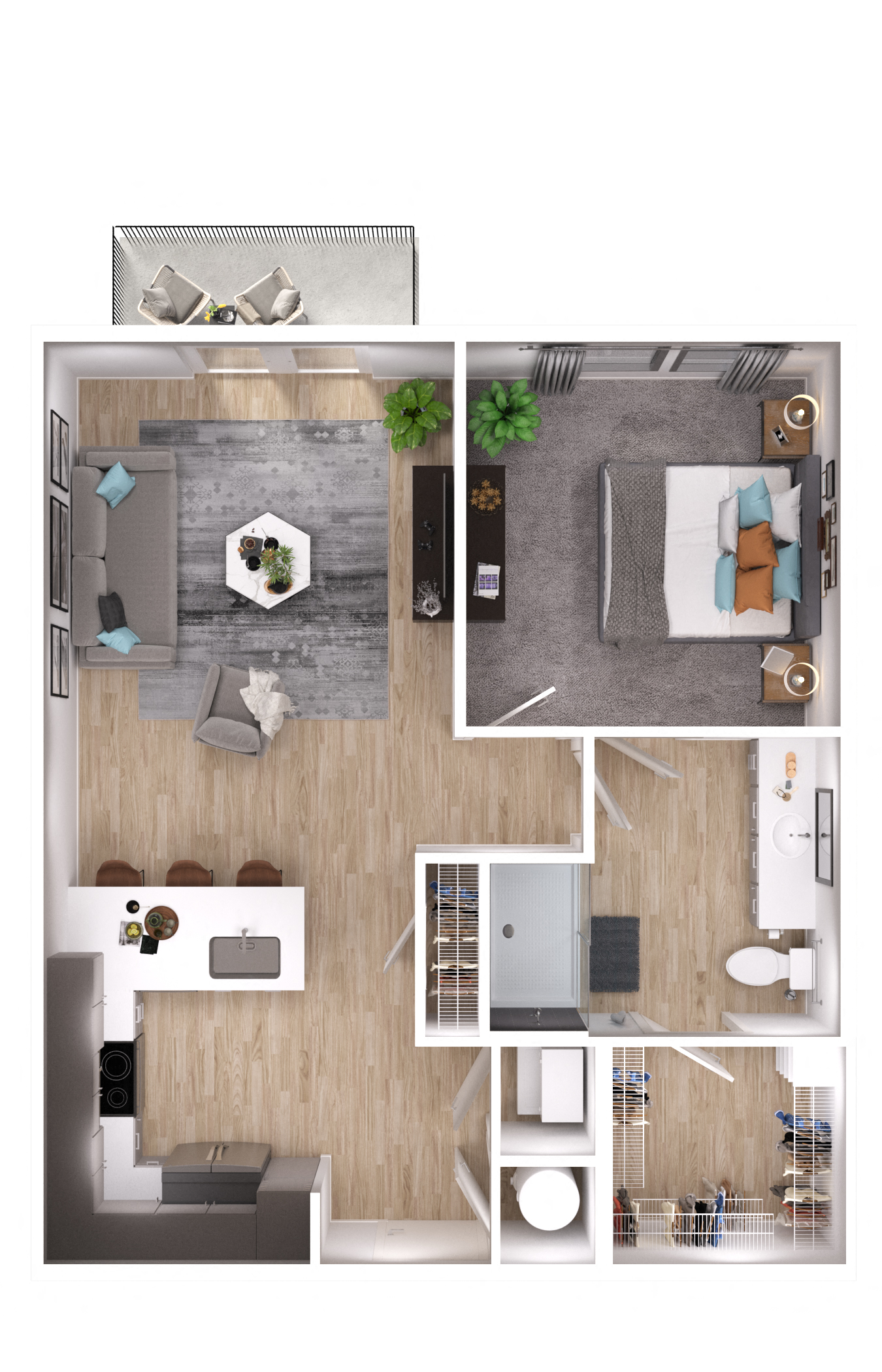 Floor plan for 1 bed, 1 bath, 725 sqft